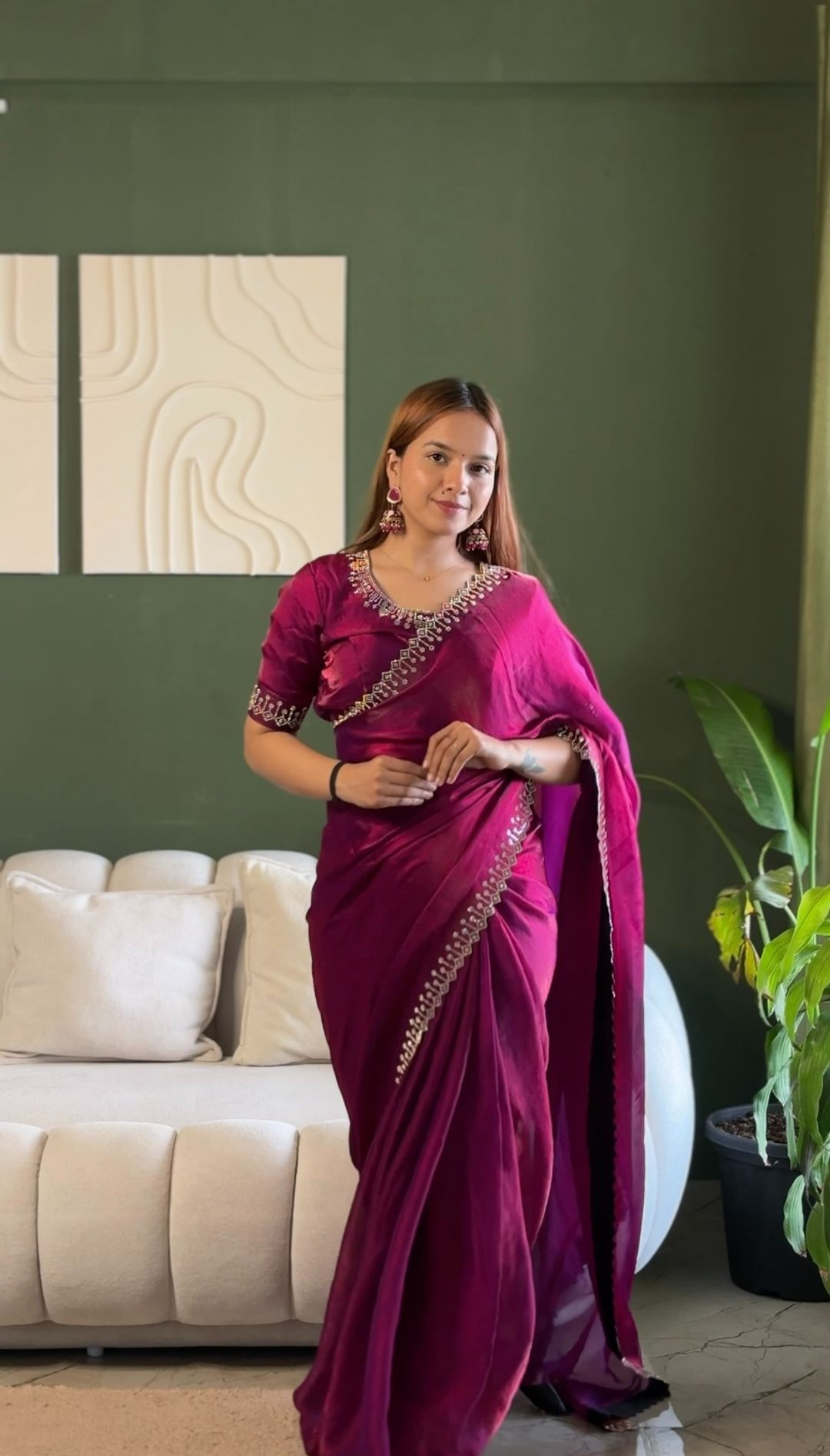 Magenta Space Silk Saree with Jarkan Diamond Work