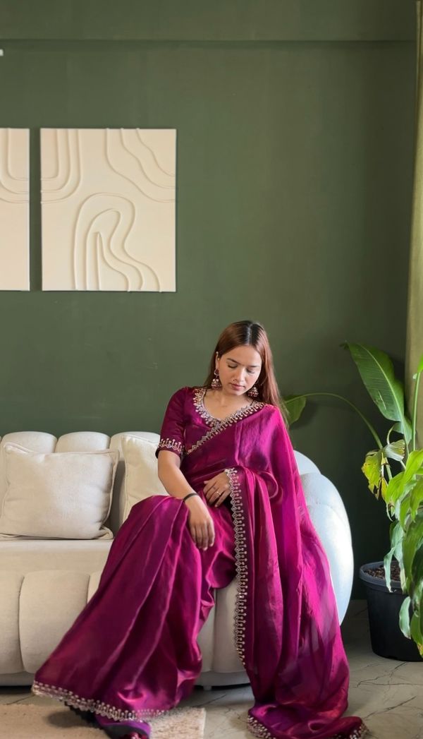 Magenta Space Silk Saree with Jarkan Diamond Work