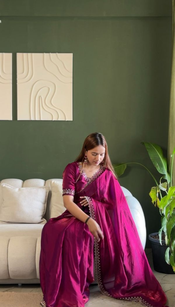 Magenta Space Silk Saree with Jarkan Diamond Work