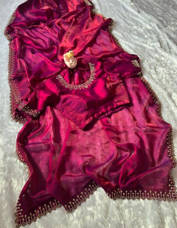 Magenta Space Silk Saree with Jarkan Diamond Work