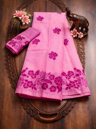 Pink Floral Linen Cotton Saree with Designer Border
