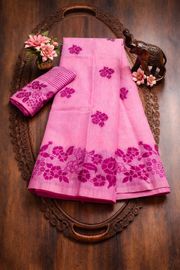 Pink Floral Linen Cotton Saree with Designer Border - Pink