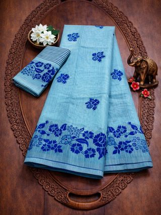 Sky Blue Floral Linen Cotton Saree with Border