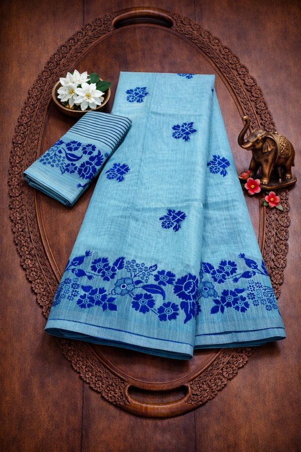 Sky Blue Floral Linen Cotton Saree With Border
