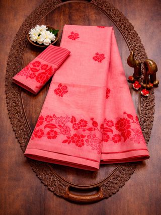 Coral Floral Linen Cotton Saree with Designer Border