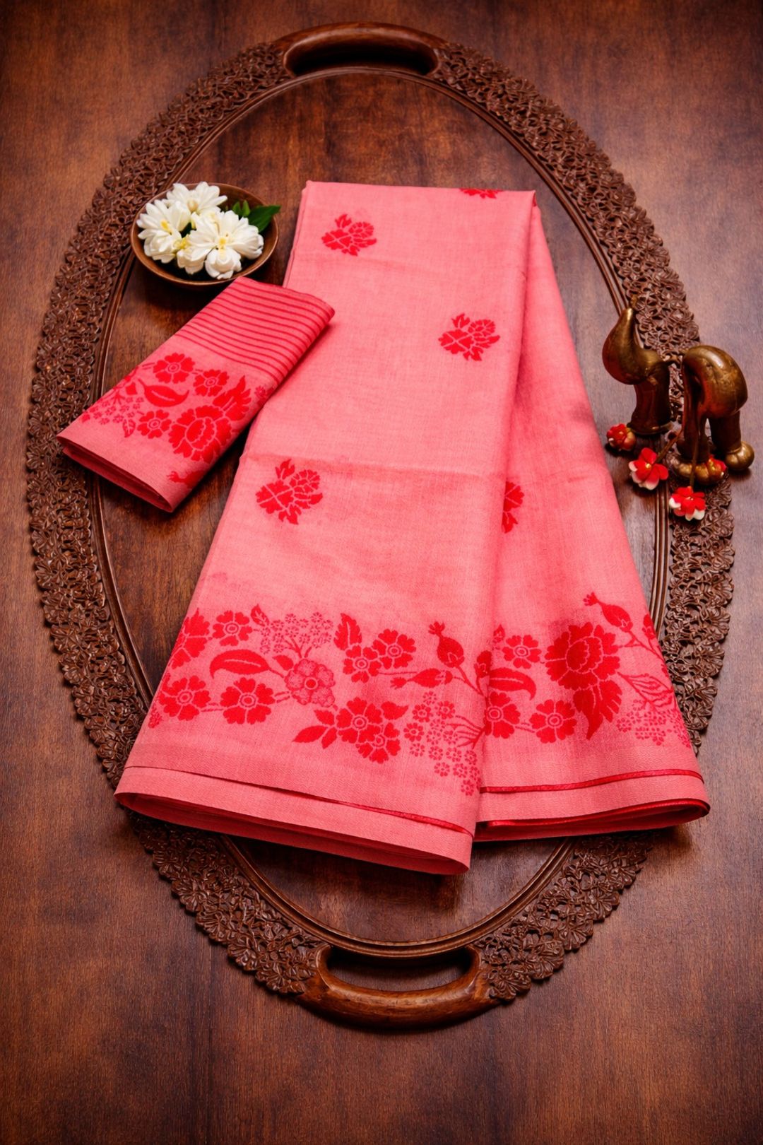 Coral Floral Linen Cotton Saree with Designer Border