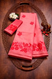Coral Floral Linen Cotton Saree with Designer Border - Peach