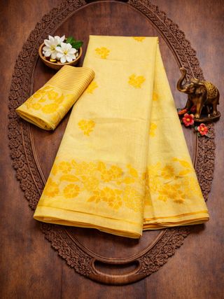 Yellow Floral Linen Cotton Saree with Designer Border
