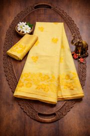 Yellow Floral Linen Cotton Saree with Designer Border - Yellow