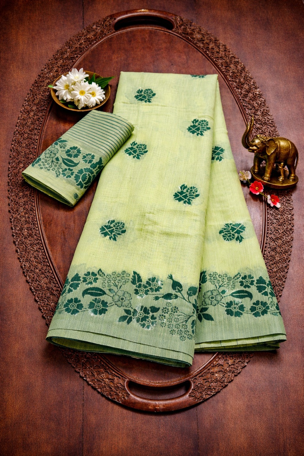 Mint Green Printed Linen Cotton Saree