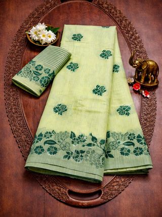 Mint Green Printed Linen Cotton Saree