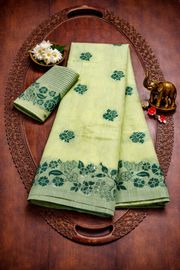 Mint Green Printed Linen Cotton Saree - Green