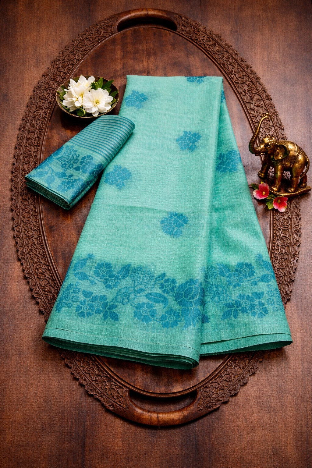 Sea Green Floral Linen Cotton Saree with Border