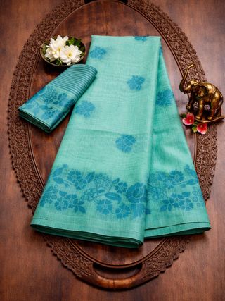 Sea Green Floral Linen Cotton Saree with Border