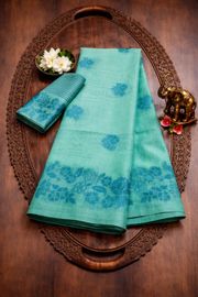 Sea Green Floral Linen Cotton Saree with Border - Green