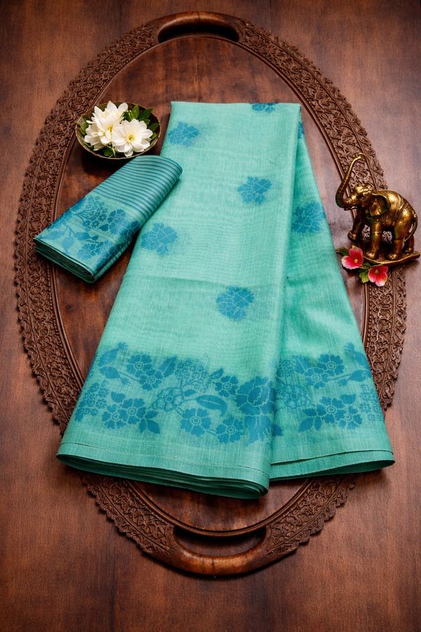 Sea Green Floral Linen Cotton Saree With Border