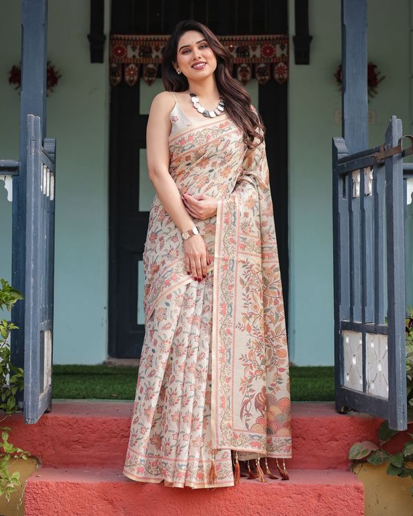 Ivory Floral Handloom Printed Saree with Blouse