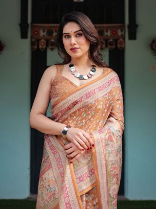 Caramel Brown Floral Handloom Saree with Printed Pallu