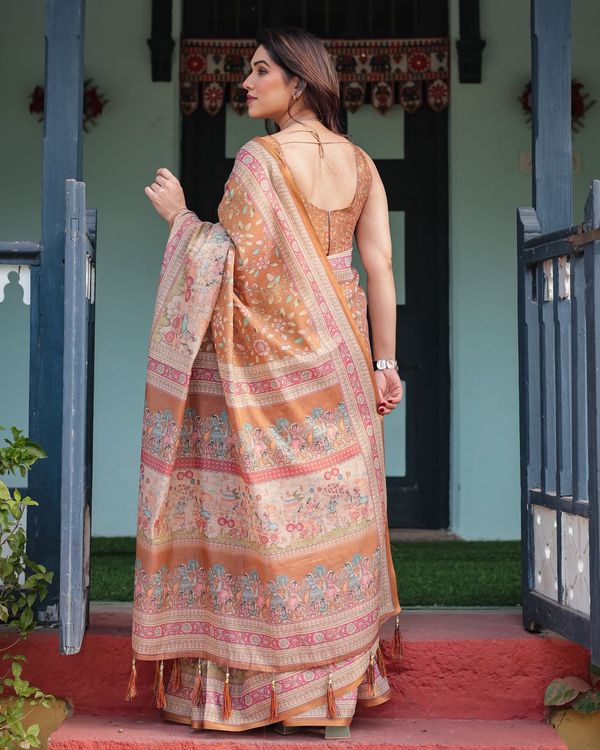 Caramel Brown Floral Handloom Saree with Printed Pallu