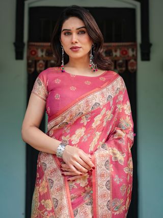 Rani Pink Floral Handloom Saree with Blouse