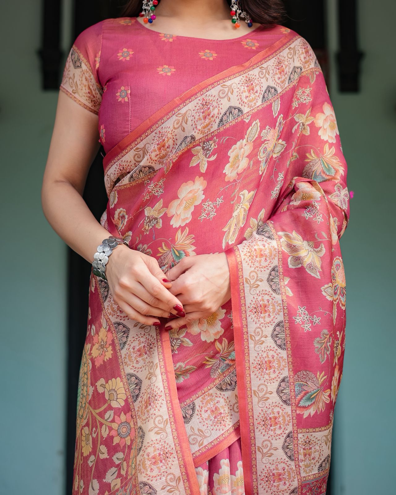Rani Pink Floral Handloom Saree with Blouse