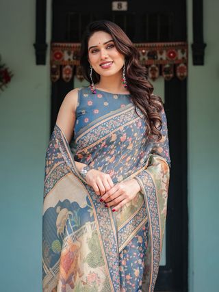 Slate Blue Floral Handloom Saree with Blouse