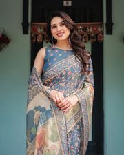 Slate Blue Floral Handloom Saree with Blouse - Blue
