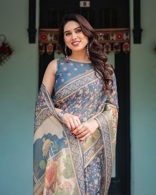 Slate Blue Floral Handloom Saree With Blouse