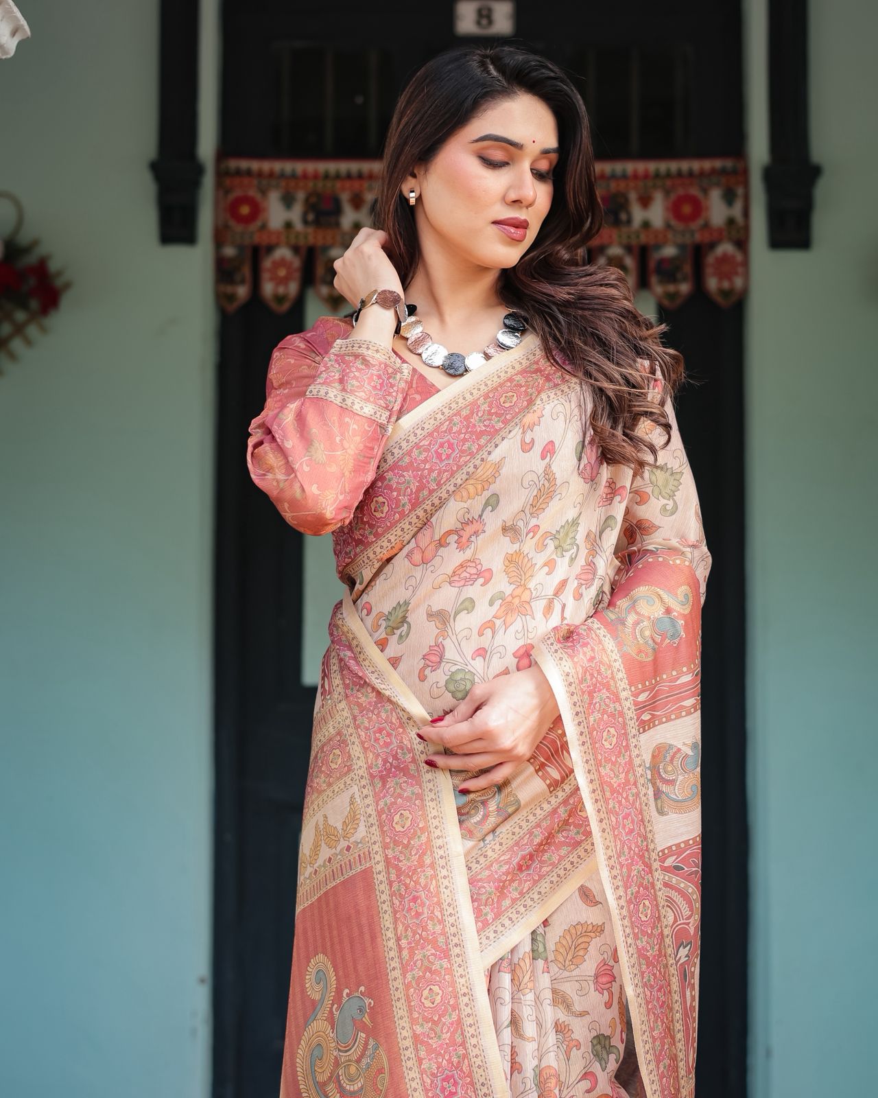 Peach Beige Floral Handloom Saree with Ethnic Border