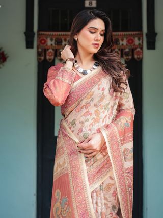 Peach Beige Floral Handloom Saree with Ethnic Border