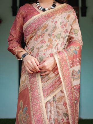 Peach Beige Floral Handloom Saree with Ethnic Border