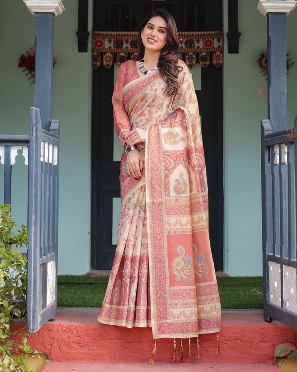 Peach Beige Floral Handloom Saree with Ethnic Border