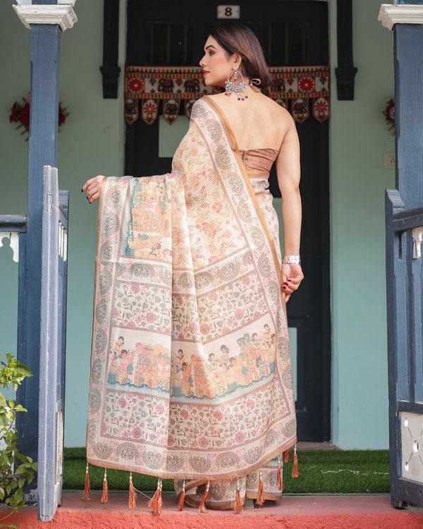 Ivory Cream Floral Handloom Saree with Heritage Pallu