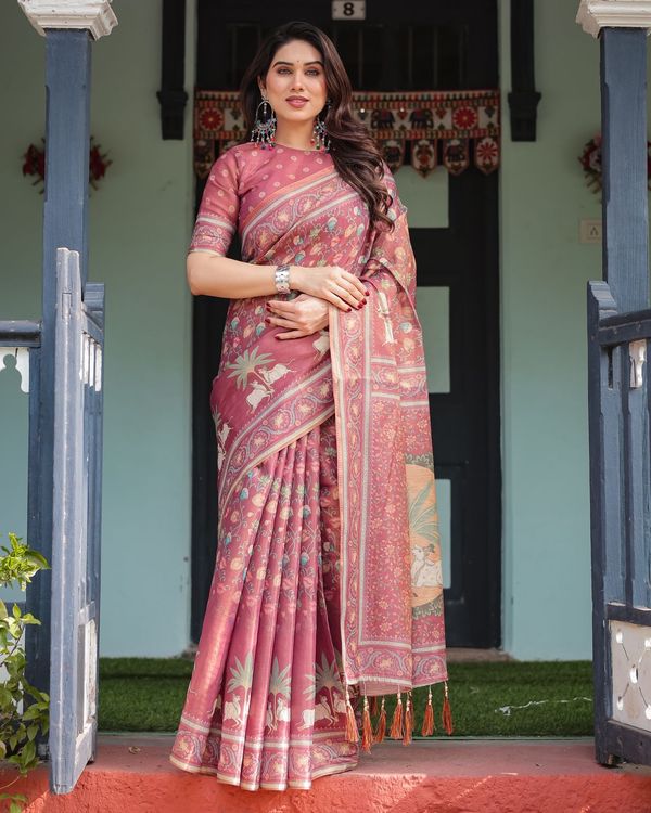Dusty Rose Floral Handloom Saree with Heritage Pallu