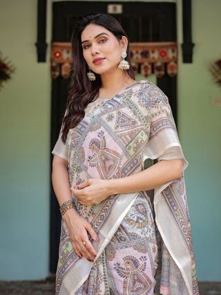 Beige Multicolor Art Print Pure Linen Saree with Border