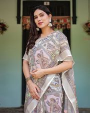 Beige Multicolor Art Print Pure Linen Saree with Border - Cream