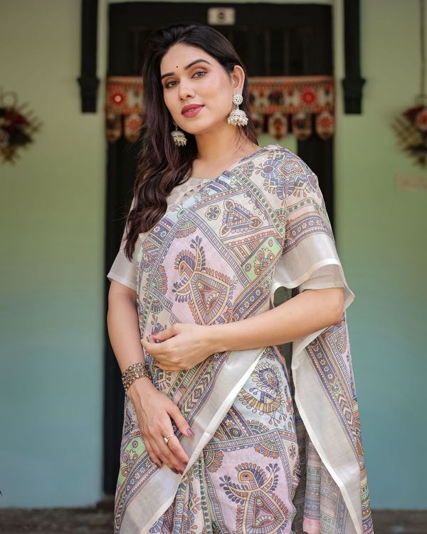 Beige Multicolor Art Print Pure Linen Saree with Border
