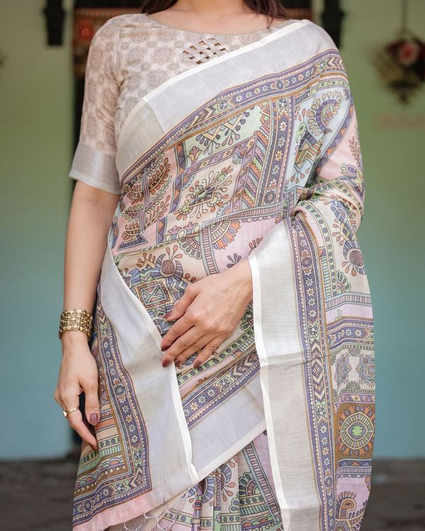 Beige Multicolor Art Print Pure Linen Saree with Border