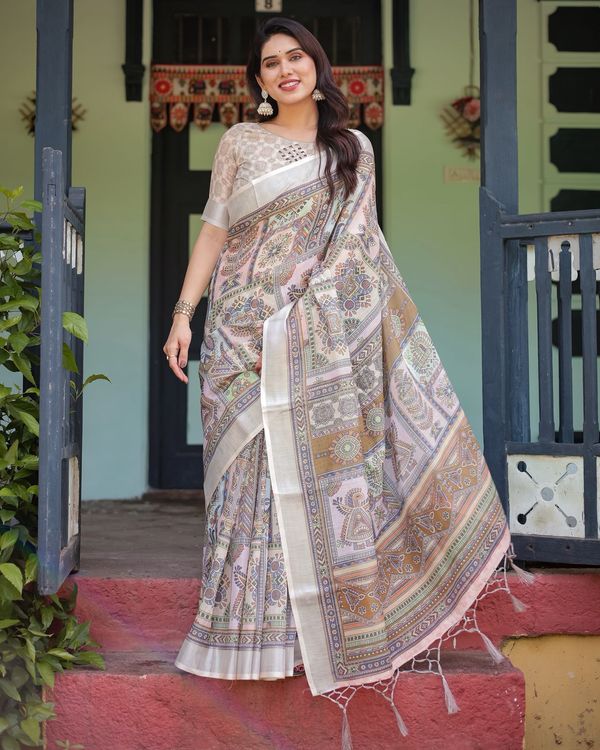 Beige Multicolor Art Print Pure Linen Saree with Border