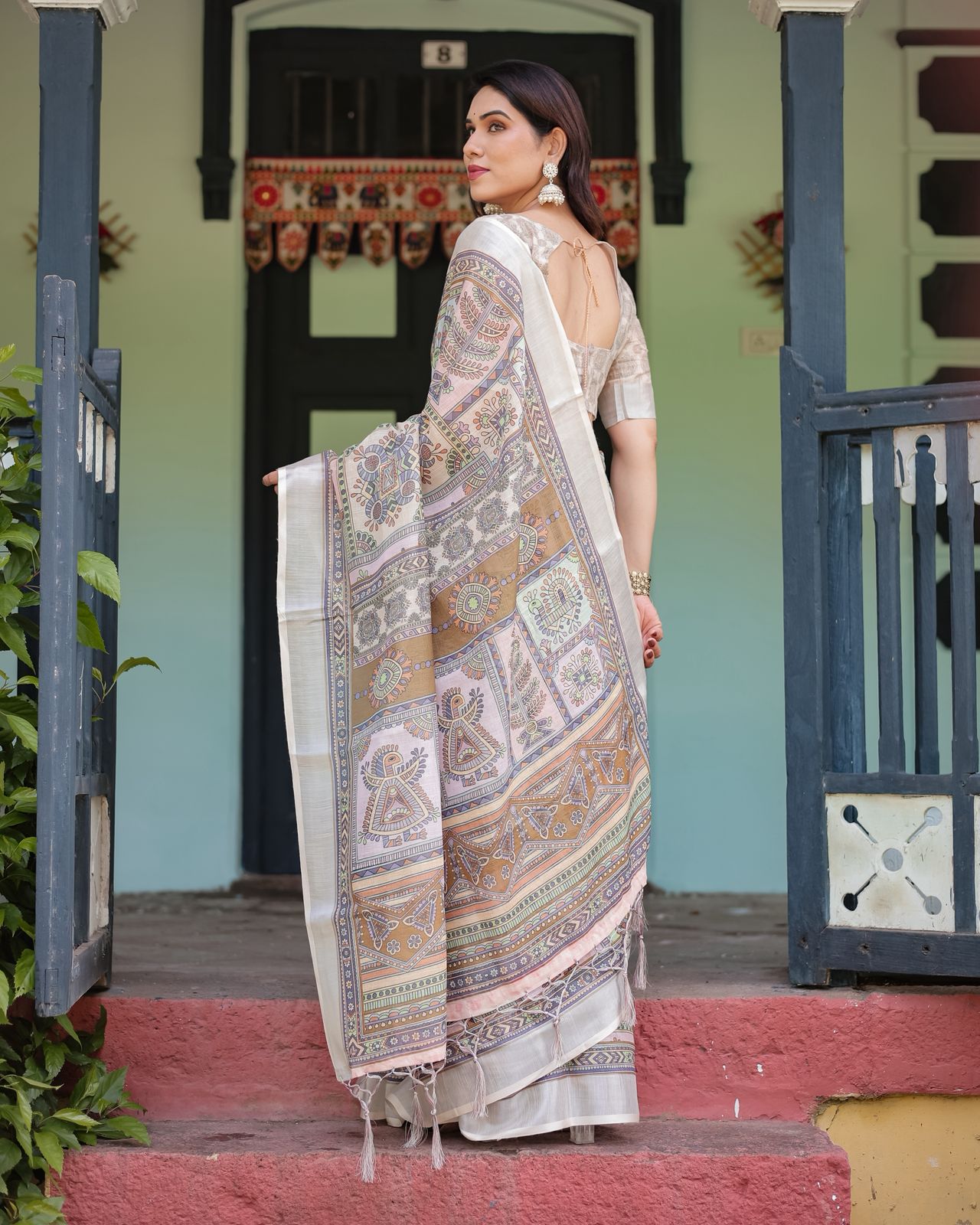 Beige Multicolor Art Print Pure Linen Saree with Border