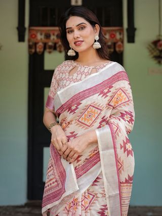 Off White Tribal Print Pure Linen Saree with Tassel Pallu