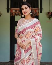 Off White Tribal Print Pure Linen Saree with Tassel Pallu - White