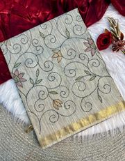 Premium Handloom Silk Saree with Handkatha - White