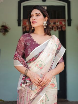 Ivory Geometric Print Pure Linen Saree with Tassel Pallu