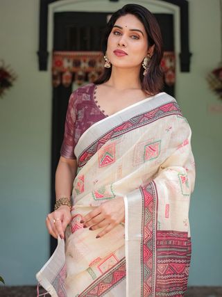 Ivory Geometric Print Pure Linen Saree with Tassel Pallu