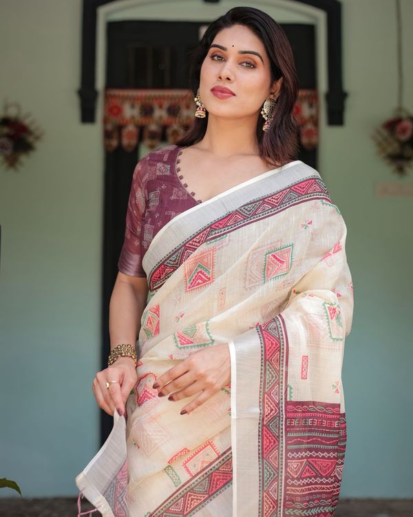 Ivory Geometric Print Pure Linen Saree with Tassel Pallu