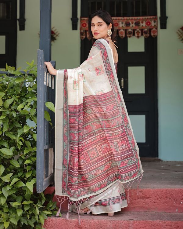 Ivory Geometric Print Pure Linen Saree with Tassel Pallu