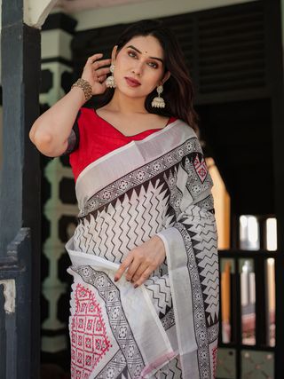 Pure Linen Saree Black White Geometric Print with Tassels