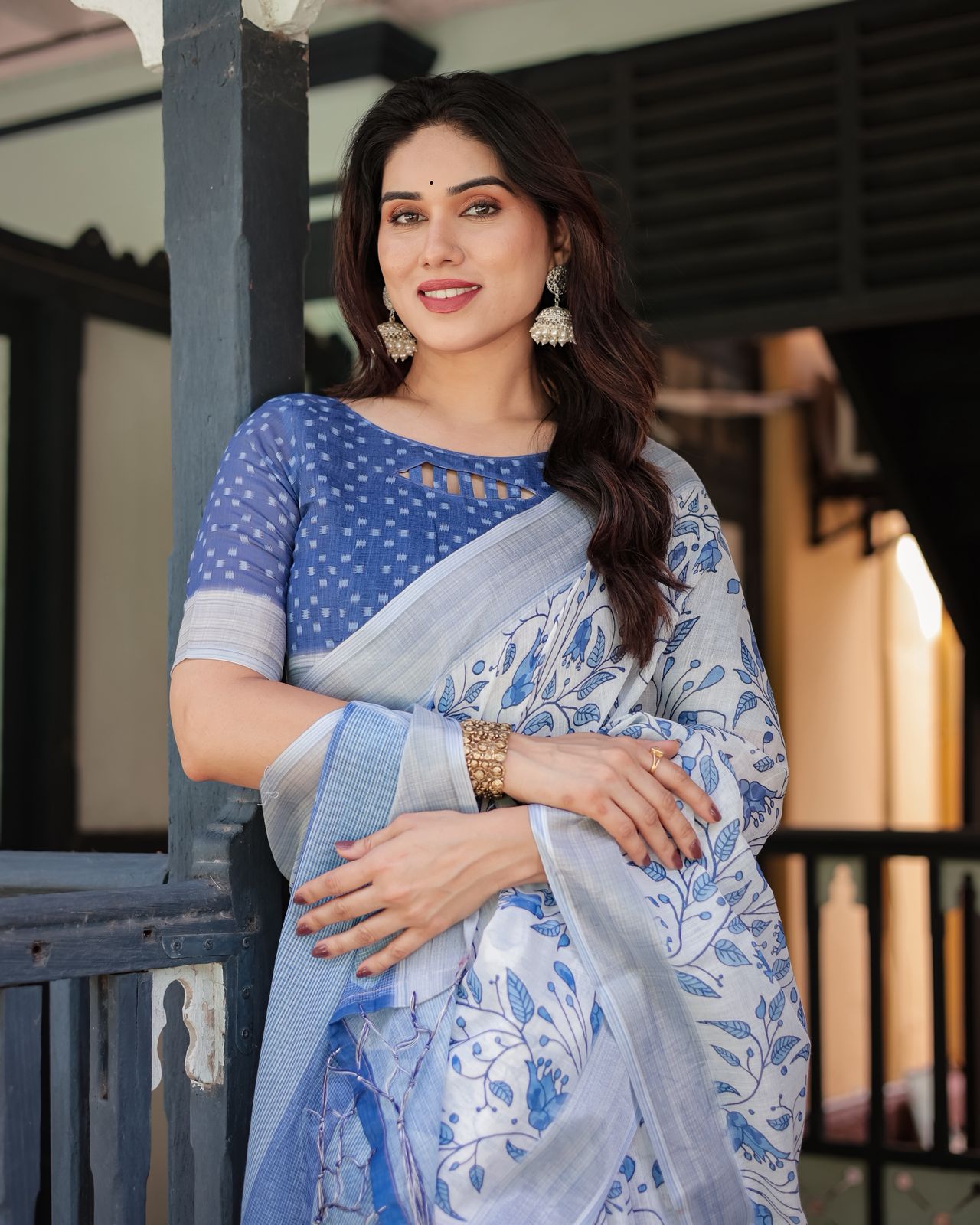 Blue Floral Print Pure Linen Saree with Elegant Border