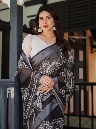 Pure Linen Black Floral Print Saree with Tassel Pallu